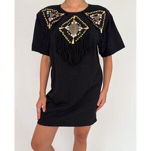 80s vintage black fringed western embellished retro cotton short midi dress